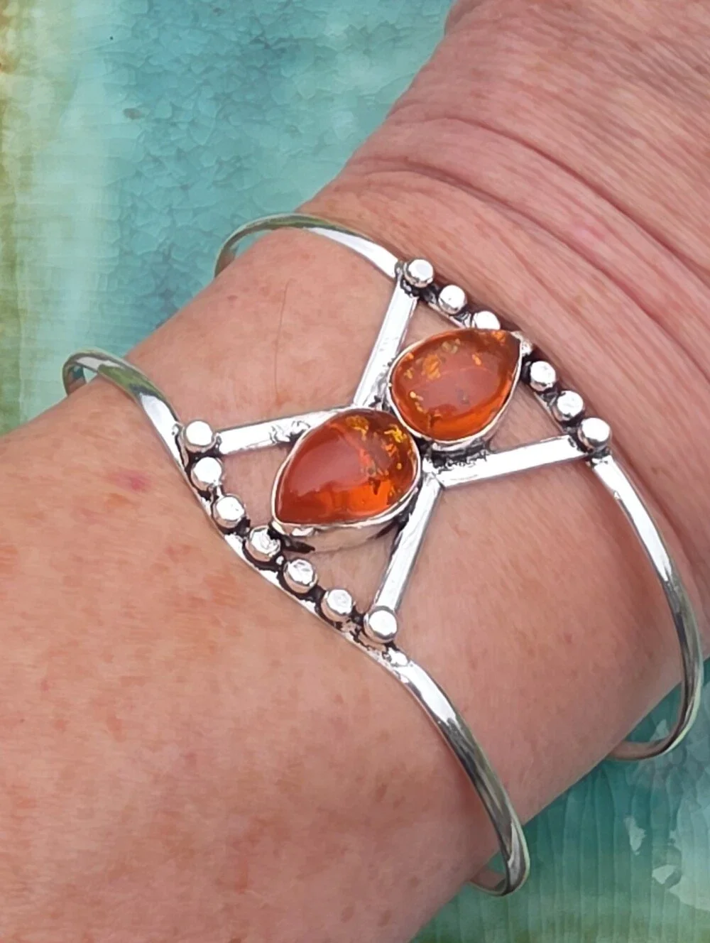 Baltic Amber Cuff Bracelet In 925 Sterling Silver (Adjustable)